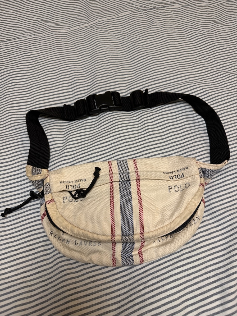 Polo by Ralph Lauren Cream Canvas Belt Bag with Red and Navy Stripes